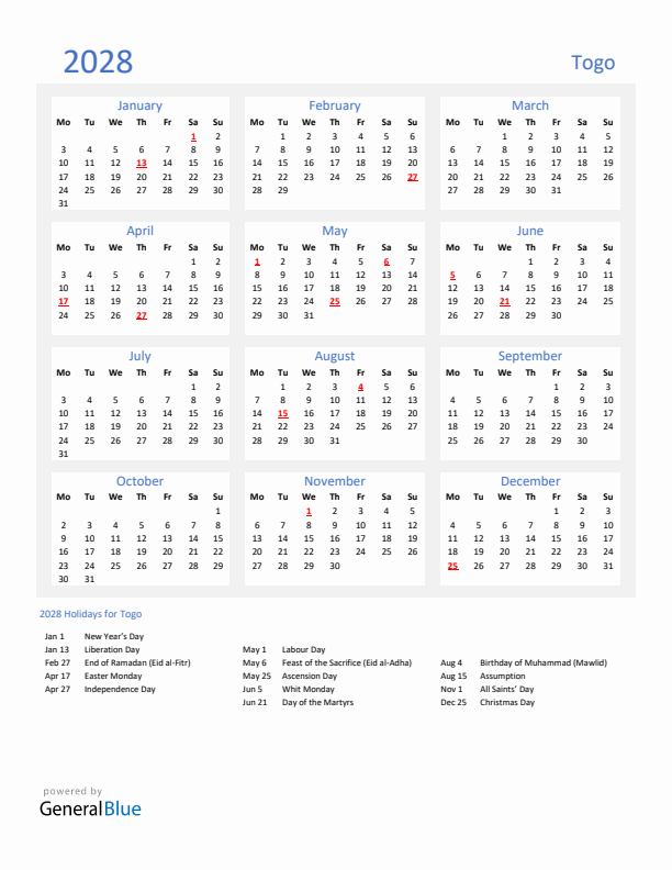 Basic Yearly Calendar with Holidays in Togo for 2028 