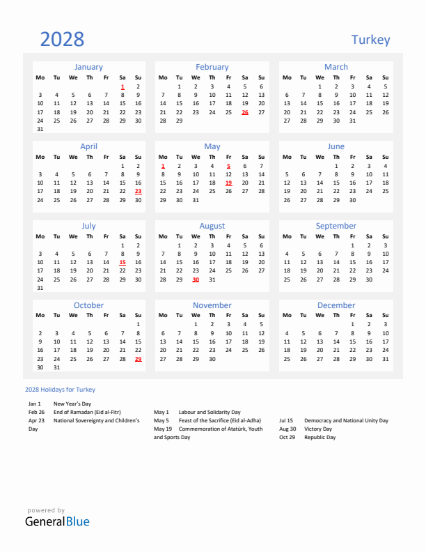 Basic Yearly Calendar with Holidays in Turkey for 2028 