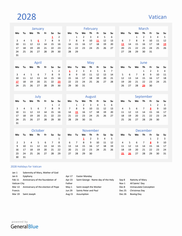 Basic Yearly Calendar with Holidays in Vatican for 2028 