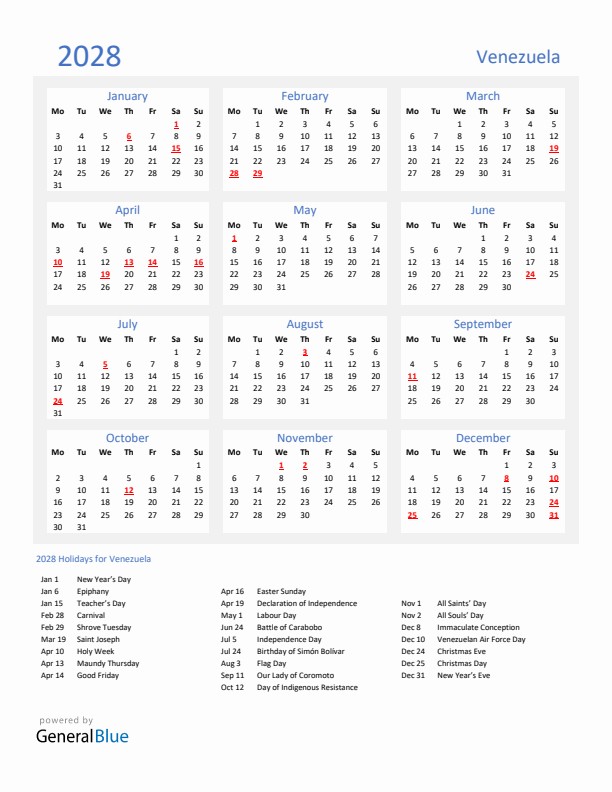 Basic Yearly Calendar with Holidays in Venezuela for 2028 