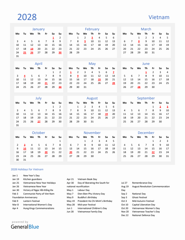 Basic Yearly Calendar with Holidays in Vietnam for 2028 