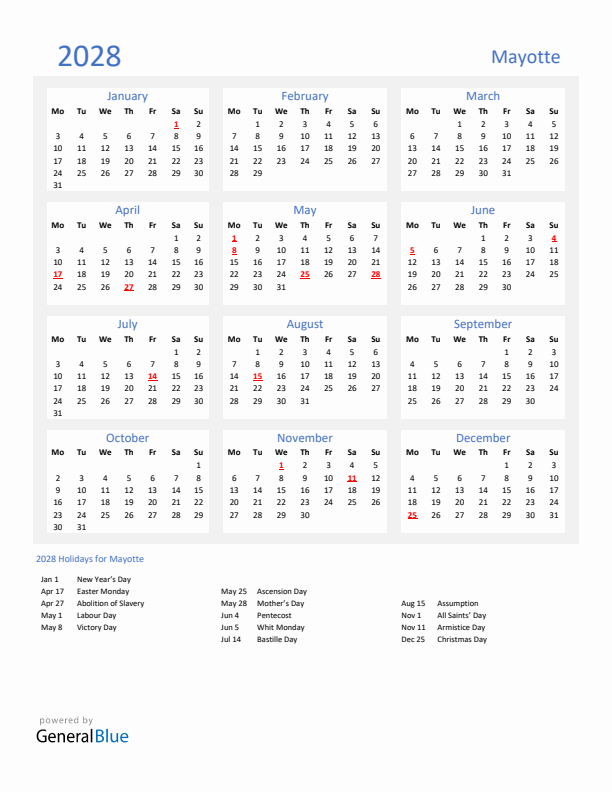 Basic Yearly Calendar with Holidays in Mayotte for 2028 