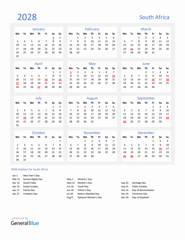 Basic Yearly Calendar with Holidays in South Africa for 2028 