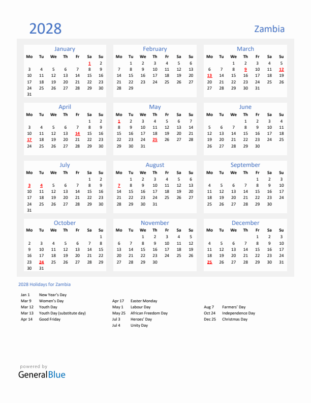 Basic Yearly Calendar with Holidays in Zambia for 2028 