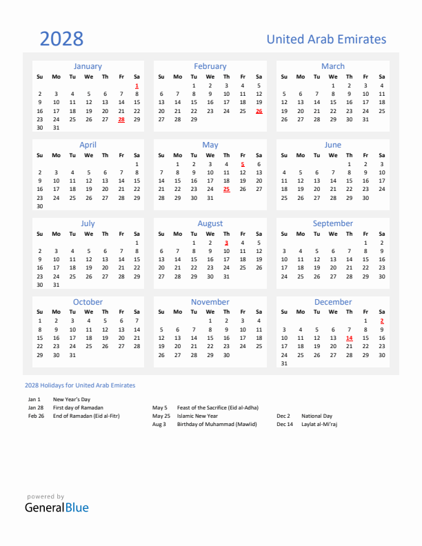 Basic Yearly Calendar with Holidays in United Arab Emirates for 2028 