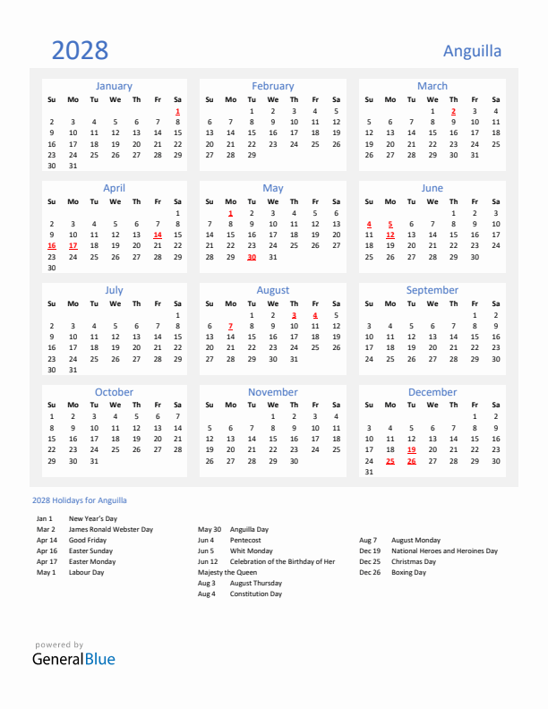 Basic Yearly Calendar with Holidays in Anguilla for 2028 