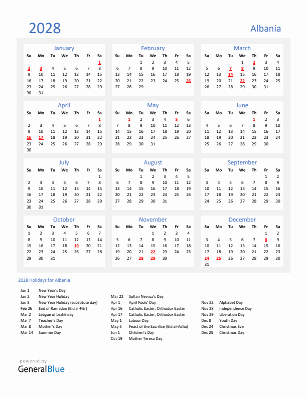 Basic Yearly Calendar with Holidays in Albania for 2028 