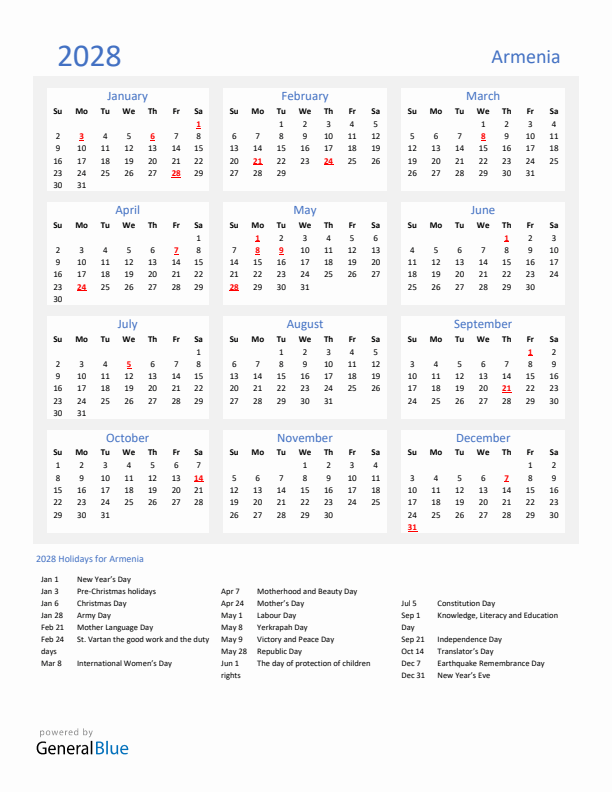 Basic Yearly Calendar with Holidays in Armenia for 2028 