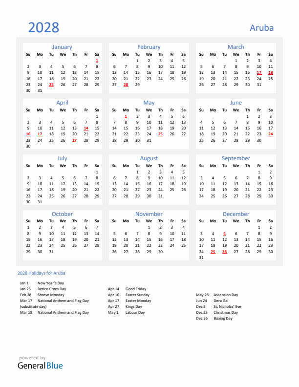 Basic Yearly Calendar with Holidays in Aruba for 2028 