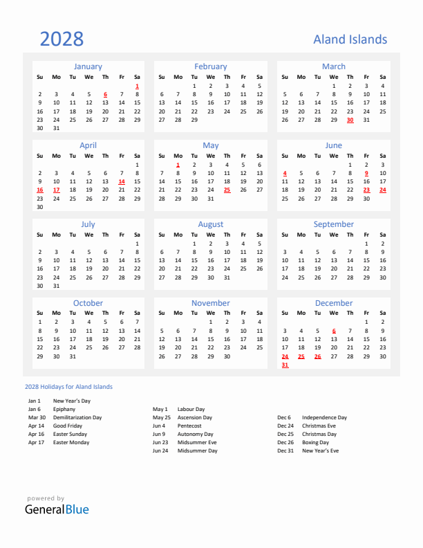 Basic Yearly Calendar with Holidays in Aland Islands for 2028 