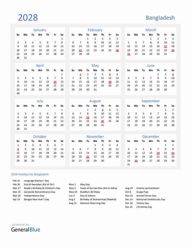 Basic Yearly Calendar with Holidays in Bangladesh for 2028 