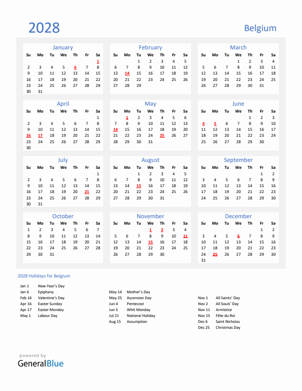Basic Yearly Calendar with Holidays in Belgium for 2028 