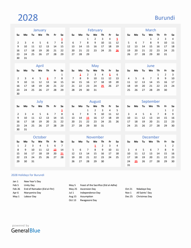 Basic Yearly Calendar with Holidays in Burundi for 2028 