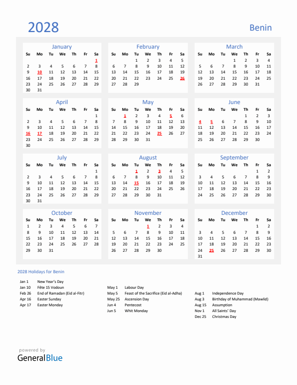Basic Yearly Calendar with Holidays in Benin for 2028 