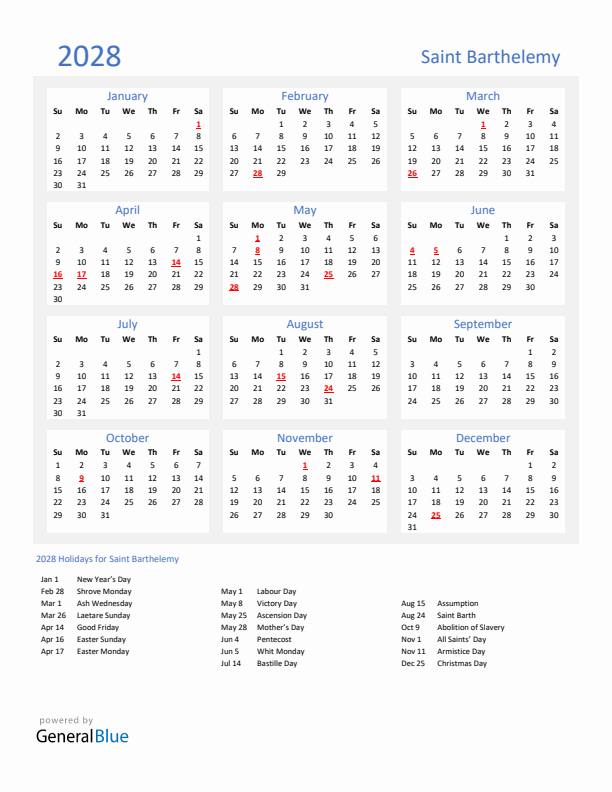 Basic Yearly Calendar with Holidays in Saint Barthelemy for 2028 