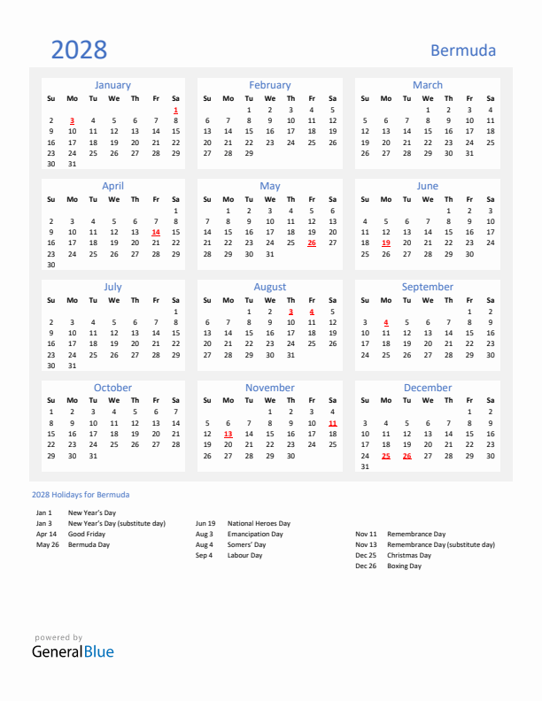Basic Yearly Calendar with Holidays in Bermuda for 2028 