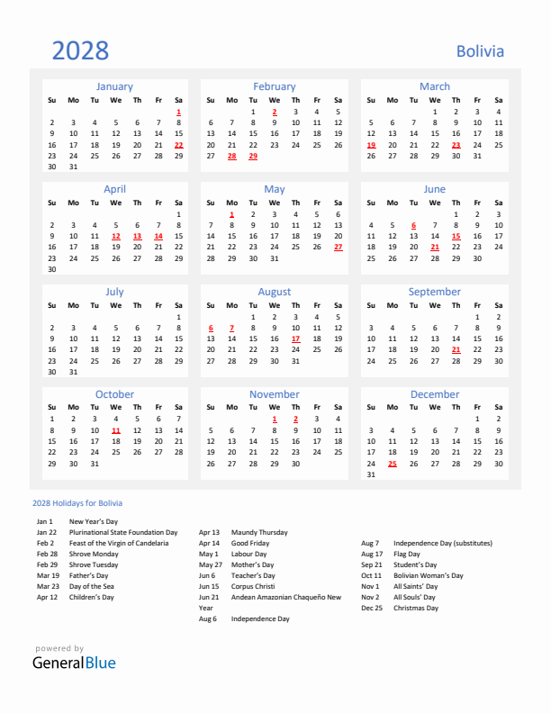 Basic Yearly Calendar with Holidays in Bolivia for 2028 