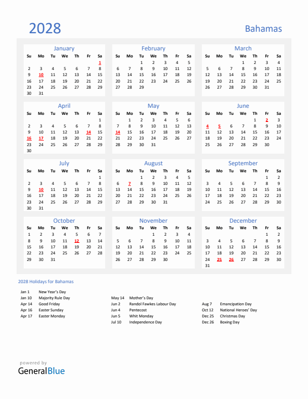 Basic Yearly Calendar with Holidays in Bahamas for 2028 