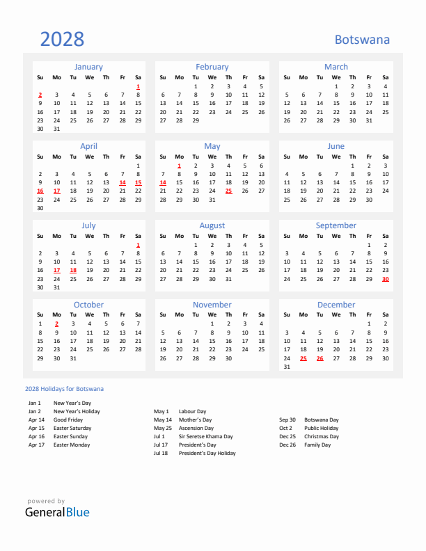 Basic Yearly Calendar with Holidays in Botswana for 2028 