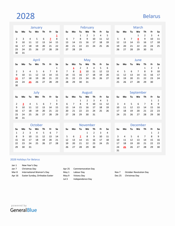 Basic Yearly Calendar with Holidays in Belarus for 2028 