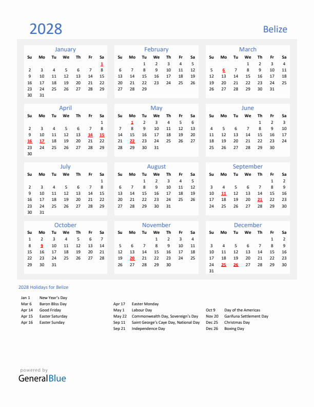 Basic Yearly Calendar with Holidays in Belize for 2028 