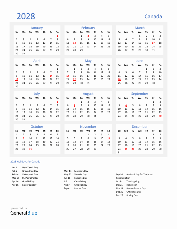 Basic Yearly Calendar with Holidays in Canada for 2028 