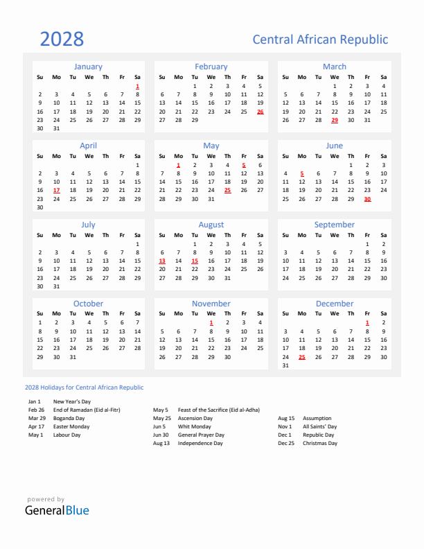 Basic Yearly Calendar with Holidays in Central African Republic for 2028 