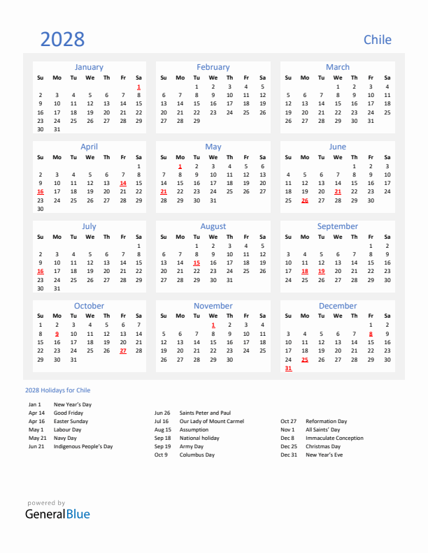 Basic Yearly Calendar with Holidays in Chile for 2028 