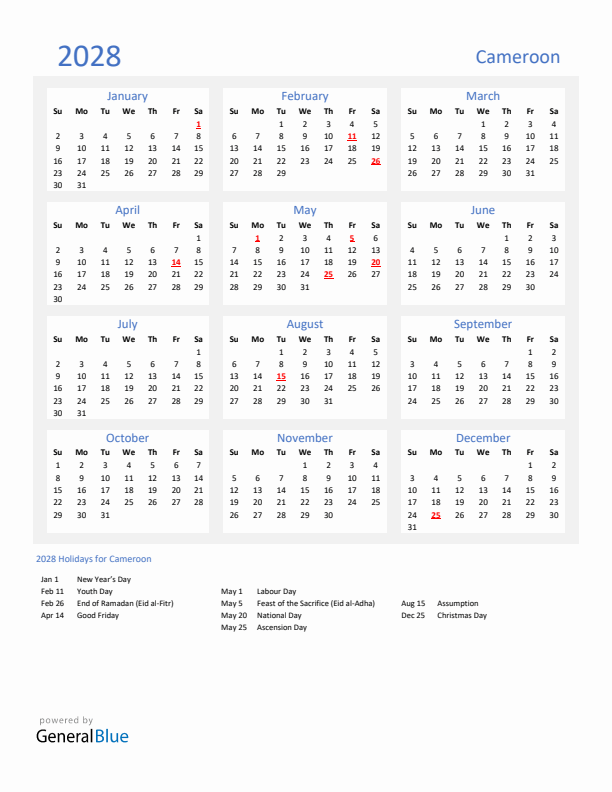Basic Yearly Calendar with Holidays in Cameroon for 2028 