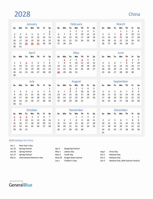 Basic Yearly Calendar with Holidays in China for 2028 