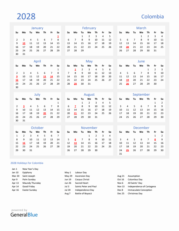 Basic Yearly Calendar with Holidays in Colombia for 2028 