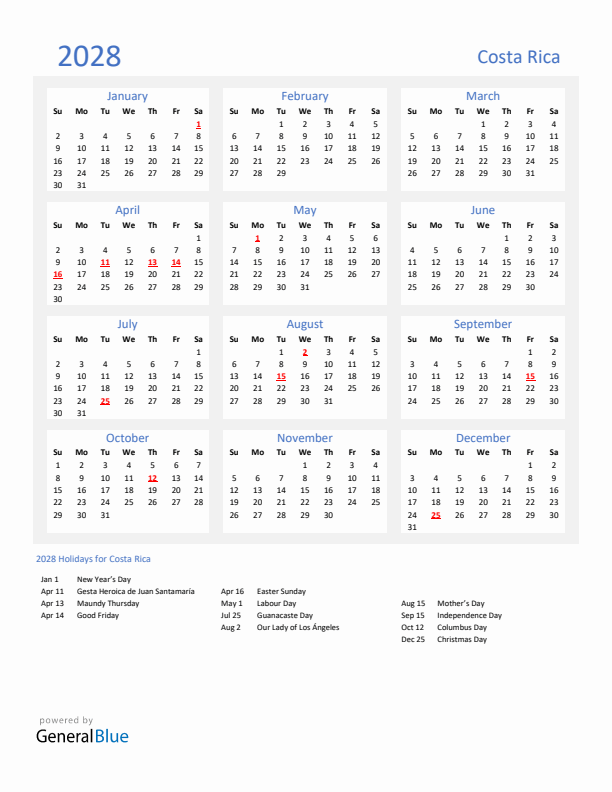 Basic Yearly Calendar with Holidays in Costa Rica for 2028 