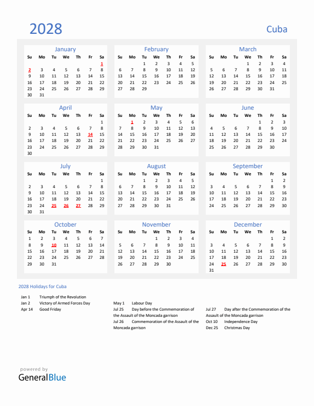 Basic Yearly Calendar with Holidays in Cuba for 2028 