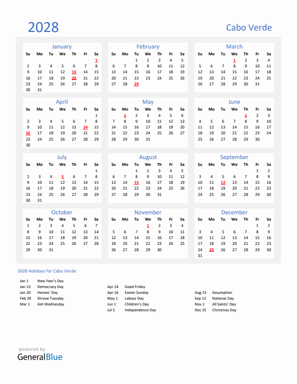 Basic Yearly Calendar with Holidays in Cabo Verde for 2028 