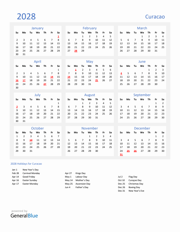 Basic Yearly Calendar with Holidays in Curacao for 2028 