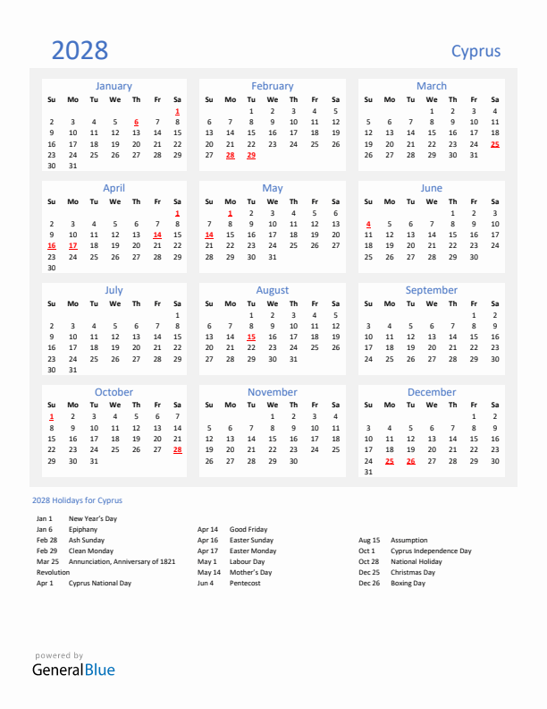 Basic Yearly Calendar with Holidays in Cyprus for 2028 