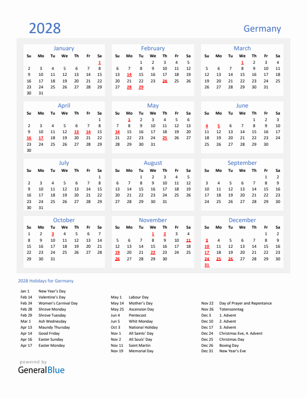 Basic Yearly Calendar with Holidays in Germany for 2028 