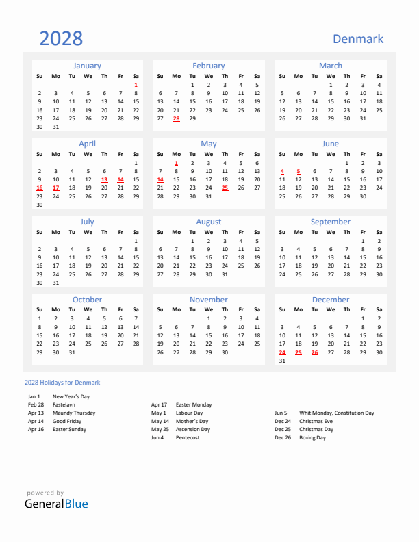 Basic Yearly Calendar with Holidays in Denmark for 2028 