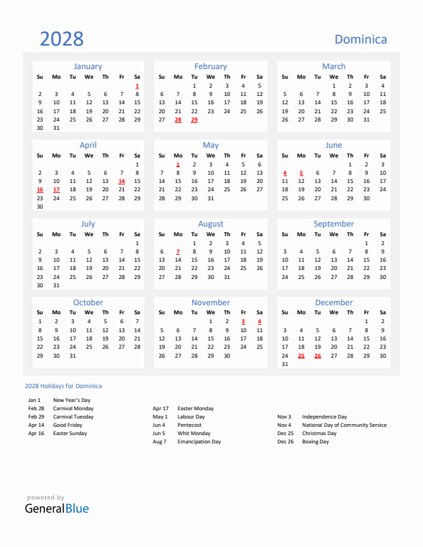 Basic Yearly Calendar with Holidays in Dominica for 2028 
