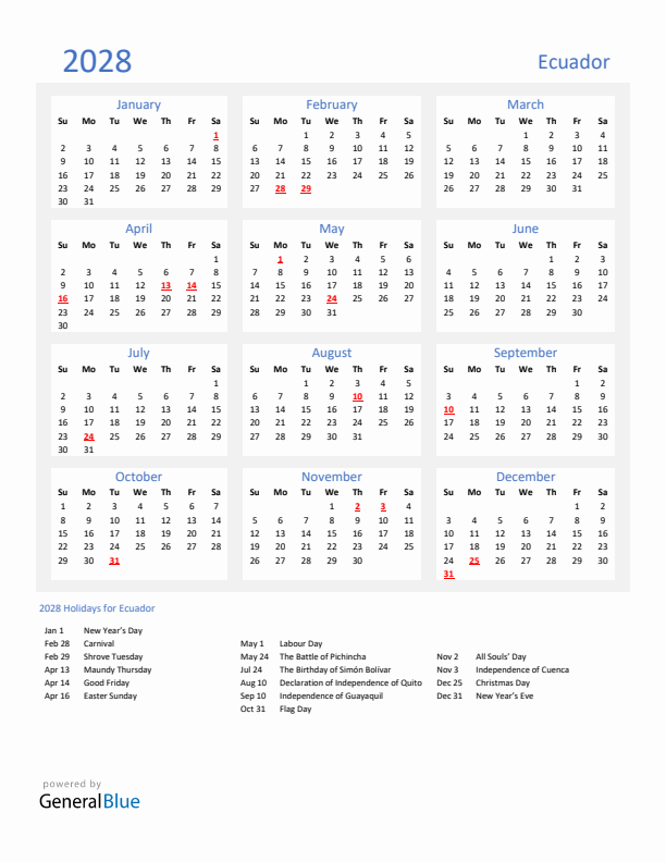 Basic Yearly Calendar with Holidays in Ecuador for 2028 