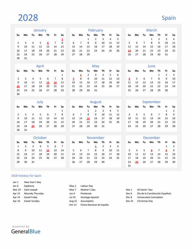 Basic Yearly Calendar with Holidays in Spain for 2028 