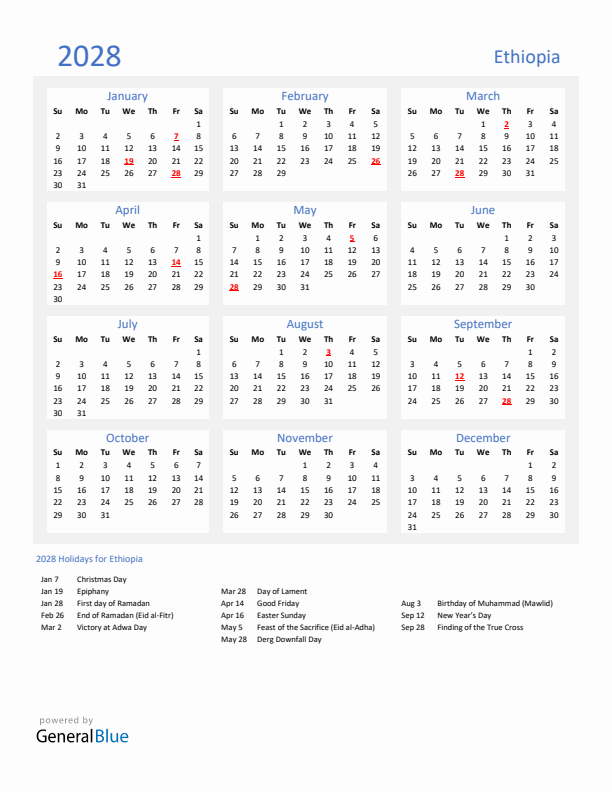 Basic Yearly Calendar with Holidays in Ethiopia for 2028 