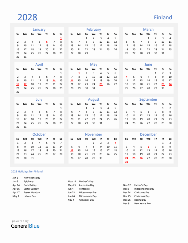 Basic Yearly Calendar with Holidays in Finland for 2028 