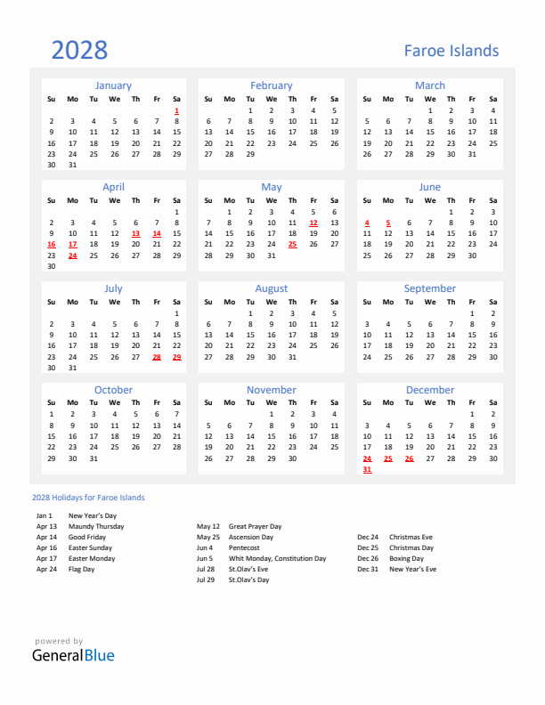 Basic Yearly Calendar with Holidays in Faroe Islands for 2028 