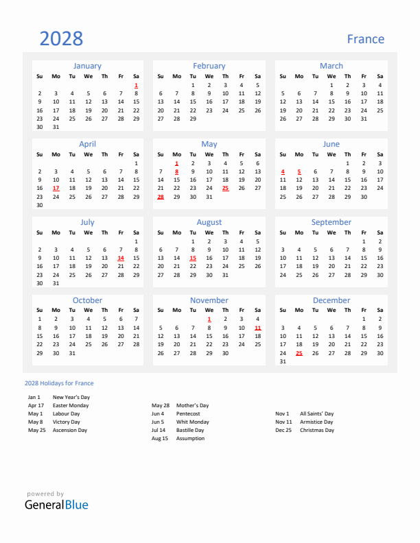 Basic Yearly Calendar with Holidays in France for 2028 