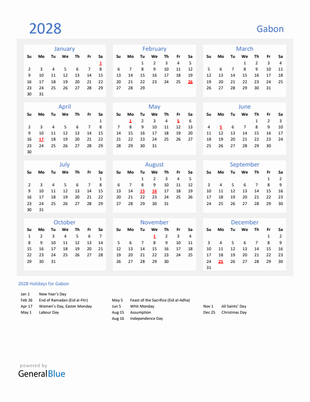 Basic Yearly Calendar with Holidays in Gabon for 2028 