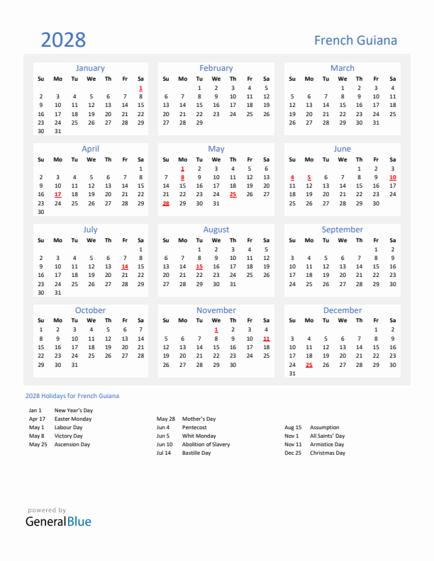 Basic Yearly Calendar with Holidays in French Guiana for 2028 
