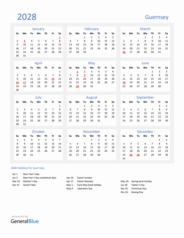 Basic Yearly Calendar with Holidays in Guernsey for 2028 