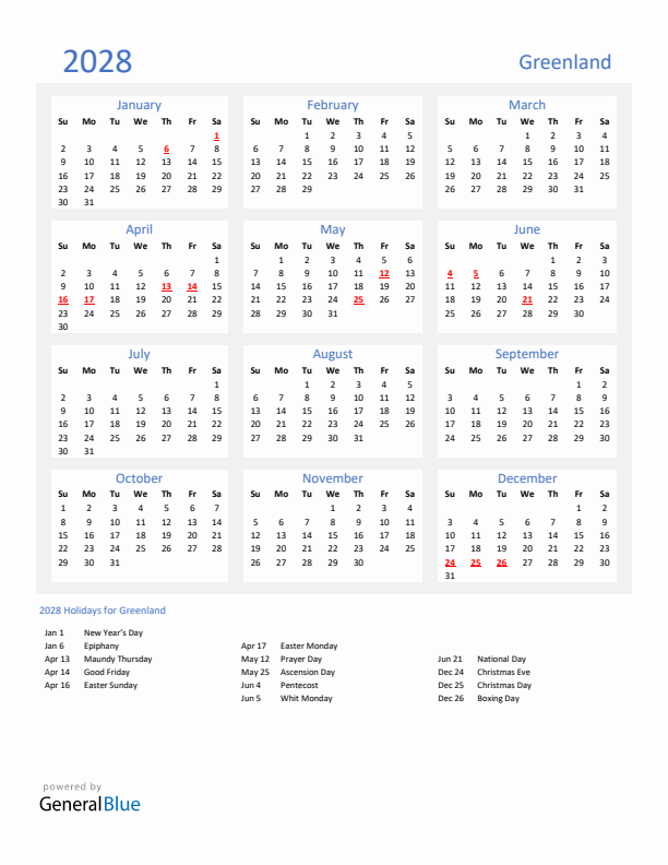 Basic Yearly Calendar with Holidays in Greenland for 2028 