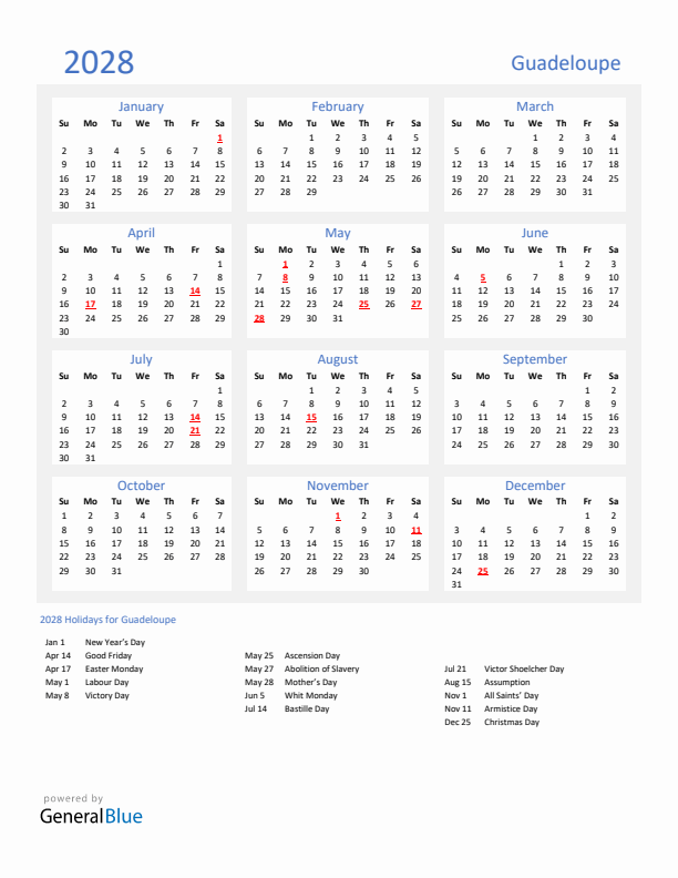 Basic Yearly Calendar with Holidays in Guadeloupe for 2028 